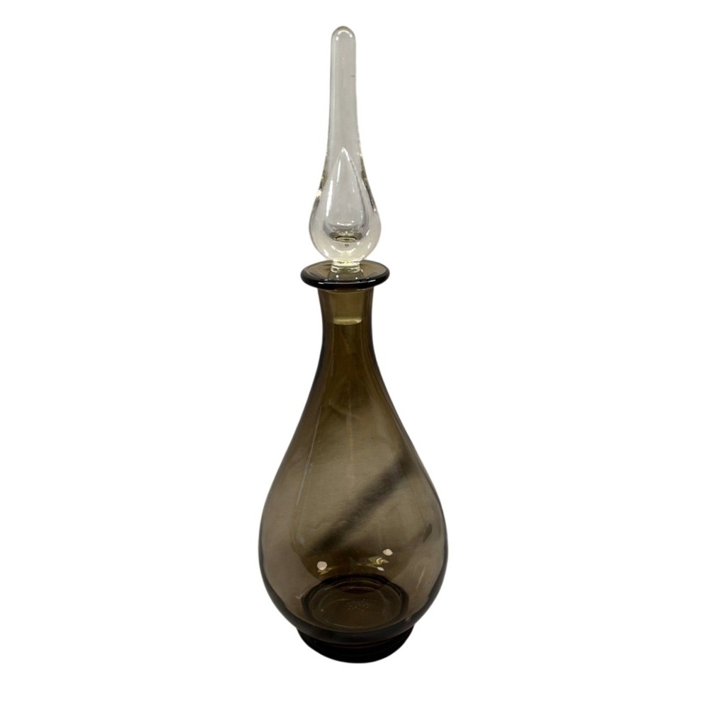 Vintage MCM Smoky Brown Glass Decanter with Clear Flame Stopper Teardrop‎ Bottle
